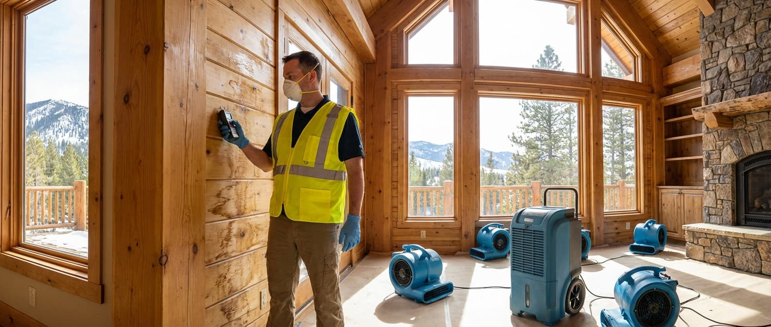 Restoration technician inspecting water damage in a Wyoming home.