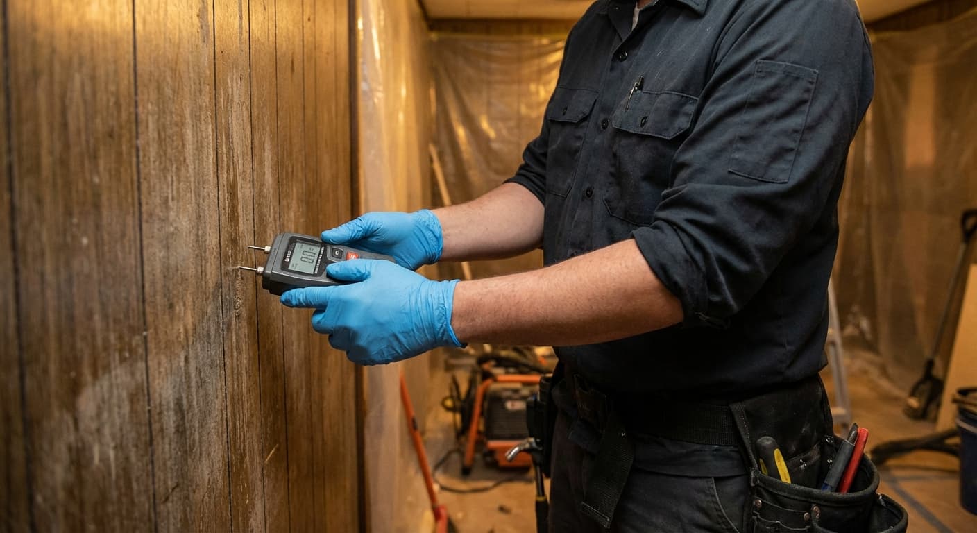 Technician using a moisture meter during inspection.
