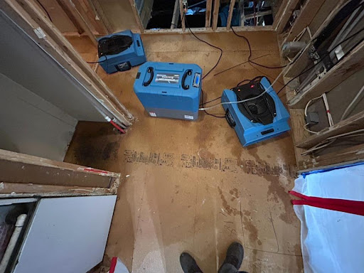 Overhead view of professional drying equipment setup for water damage restoration